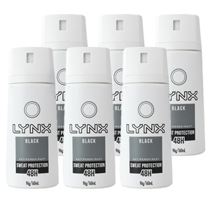 Lynx 96g Antiperspirant BLACK 48HR Sweat Protection Body Spray 6 Pack