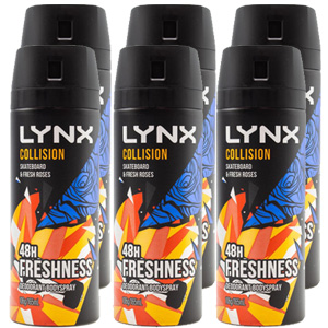 6 x LYNX 165ml DEODORANT BODYSPRAY COLLISION SKATEBOARD AND FRESH ROSE