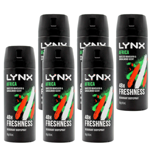 6 x Lynx 106g 48HR Africa Scent Spray Deoderant  6 x Lynx 106g 48HR Africa Scent Spray Deoderant