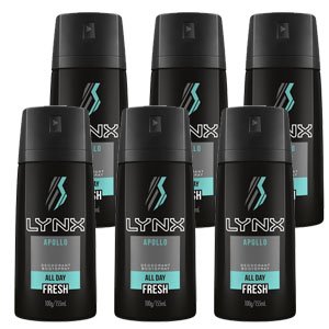 Lynx 100g Body Spray Apollo All Day For Him Mens Deodorant (6 Pack)