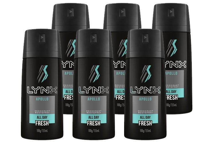 Lynx 100g Body Spray Apollo All Day For Him Mens Deodorant (6 Pack)