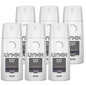 Lynx 96g Antiperspirant BLACK NIGHT 48HR Protection Body Spray 6 Pack
